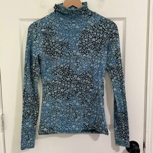 Peruvian Connection Turtleneck Top Womens XS Blue Floral Pima Cotton Feminine